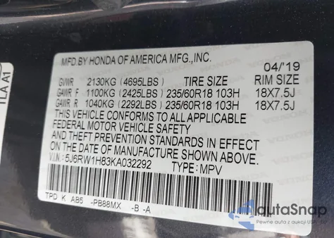 2019 Honda Cr-V Ex-L z USA, uszkodzony, nr VIN 5J6RW1H83KA032292